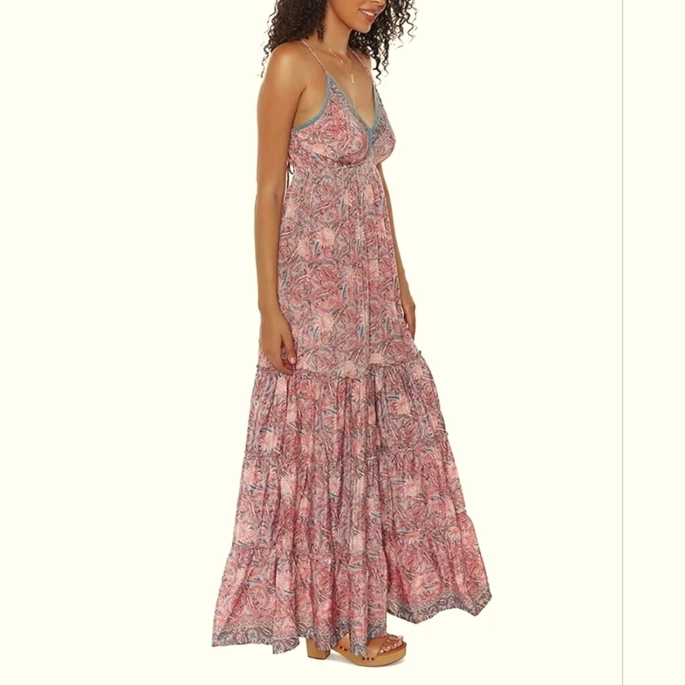 Raga Baran Paisley Print Tiered Maxi Dress In Fuschia, Size Large - Picture 3 of 11